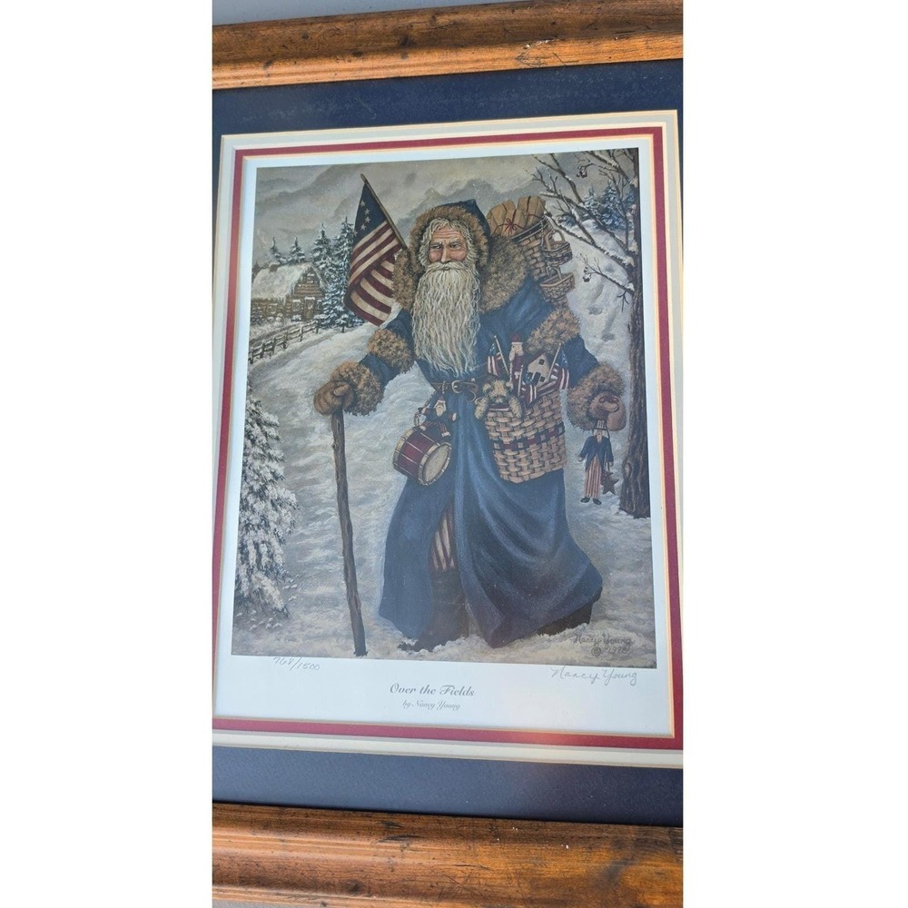Patriotic Santa Print Rustic Framed Nancy Young Over the Fields Signed Numbered